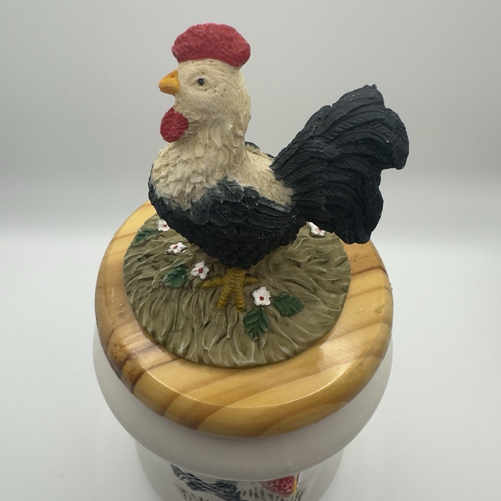 Vintage SEi Ceramic Canister Jar w/ Wooden Lid & Resin Rooster Farmhouse Kitchen - Picture 4 of 9